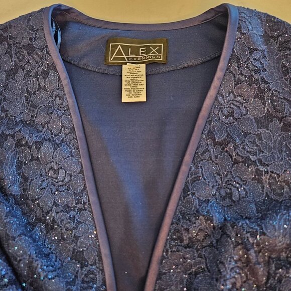 ALEX Evenings Size 12 Blazer Blue Metallic Sparkle Open Front Stretch - Picture 3 of 10